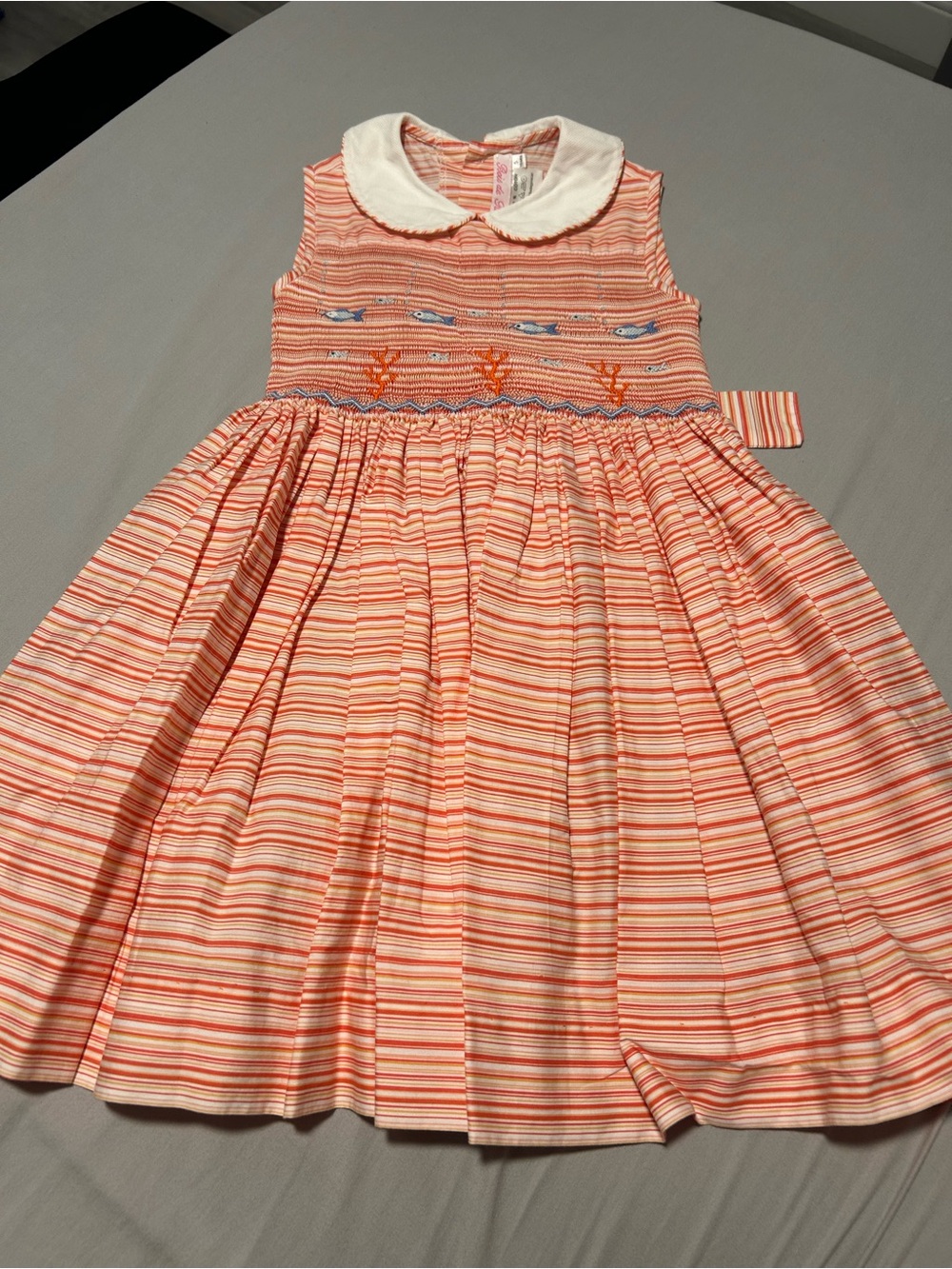 Smocked Coral & White Striped Girls' Dress with Peter Pan Collar